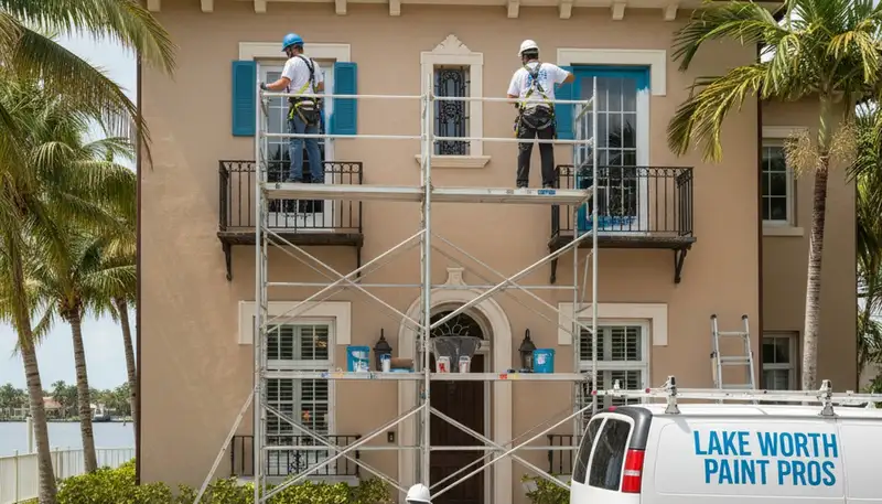 Professional painters painting a home exterior in West Palm Beach, FL