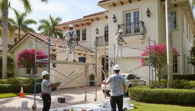 Professional painters working on a home exterior in West Palm Beach, FL