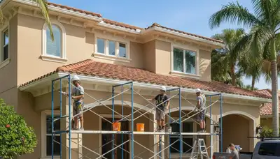 Professional painter preparing a West Palm Beach, FL home exterior for painting services