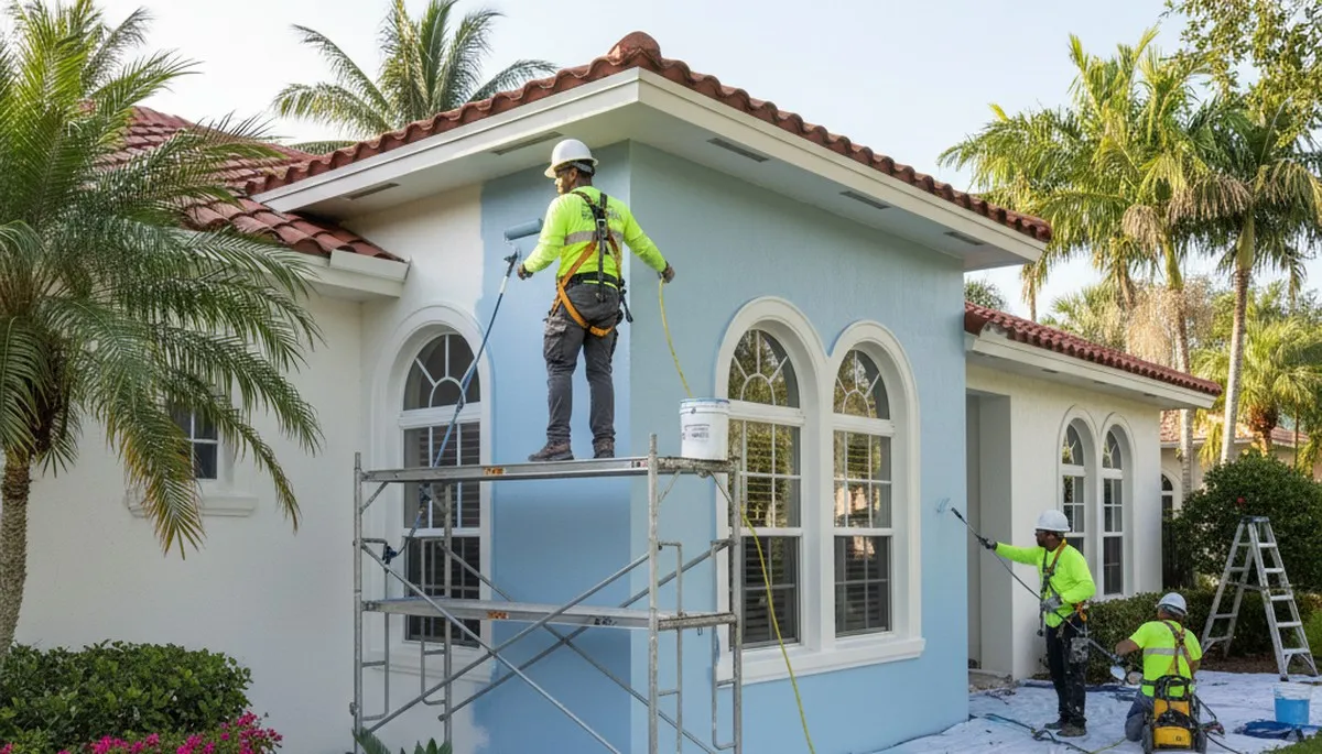 Professional painters working on a home exterior in West Palm Beach, FL