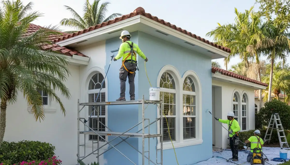 Professional painters working on a home exterior in West Palm Beach, FL